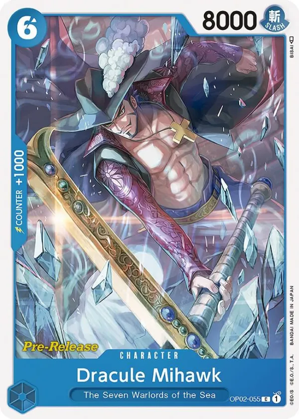 Paramount War 英語版 Dracule Mihawk OP02-055 · プレリリース カード表面