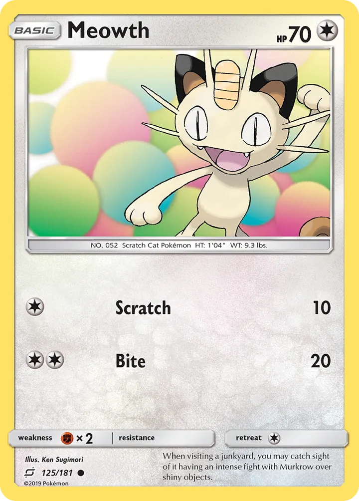 Front of Meowth 125, Sun & Moon—Team Up English