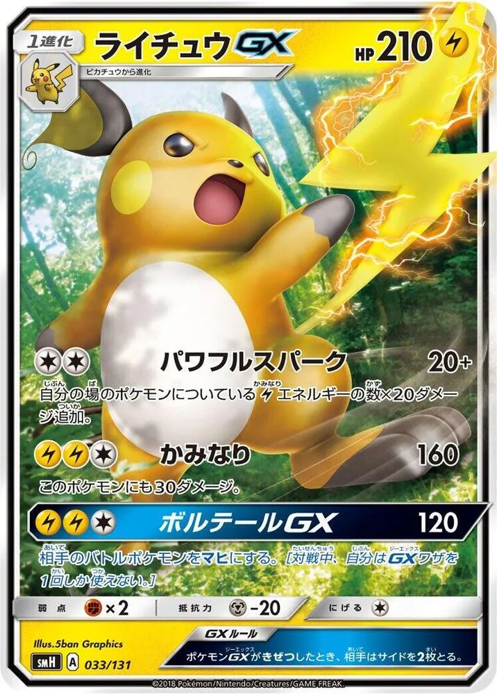Front of Raichu GX 33, GXスタートデッキ(草ラランテス/炎リザードン/水ラプラス/雷ライチュウ/超ミュウツー/闘ルガルガン/悪イベルタル/鋼メタグロス/フェアリーゼルネアス、全9種) Japanese