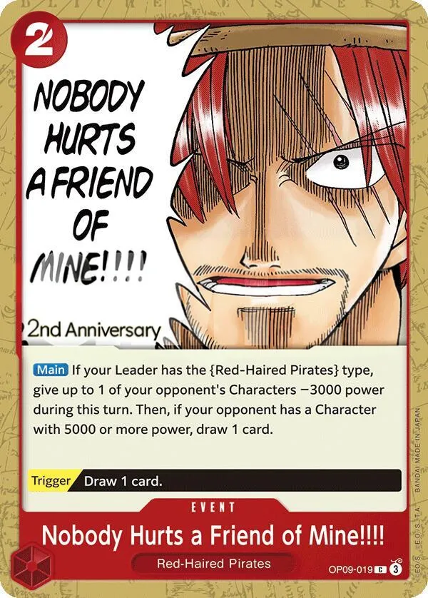 Emperors in the New World 英語版 Nobody Hurts a Friend of Mine!!!! OP09-019 · 記念大会 カード表面