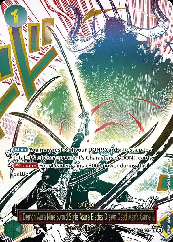 Legacy of the Master 영어판 Demon Aura Nine Sword Style Asura Blades Drawn Dead Man's Game OP12-037 · 패럴렐 카드 앞면