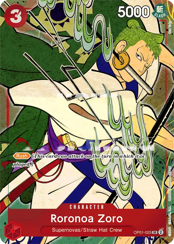 Romance Dawn 영어판 Roronoa Zoro OP01-025 · 패럴렐 3 카드 앞면