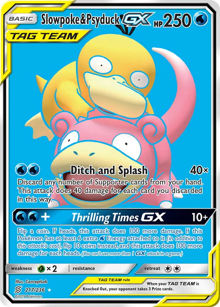 Sun & Moon—Unified Minds 英語版 Slowpoke & Psyduck-GX 217 カード表面