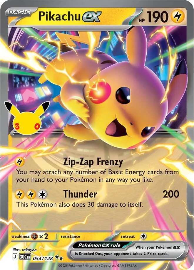 Pokémon TCG: 30th Celebration 英語版 Pikachu ex 54 カード表面