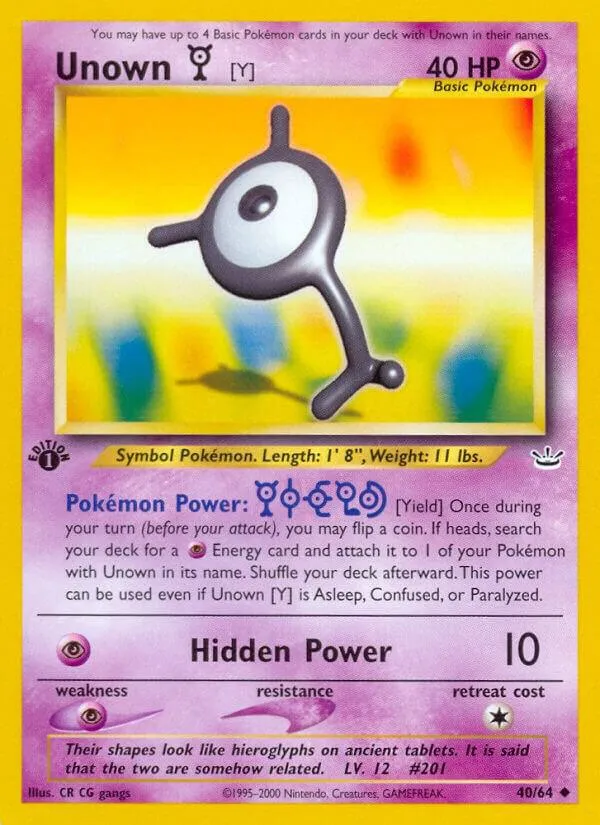 Neo Revelation 영어판 Unown [Y] 40 카드 앞면