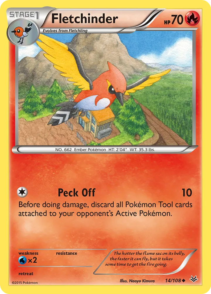 XY—Roaring Skies 영어판 Fletchinder 14 카드 앞면