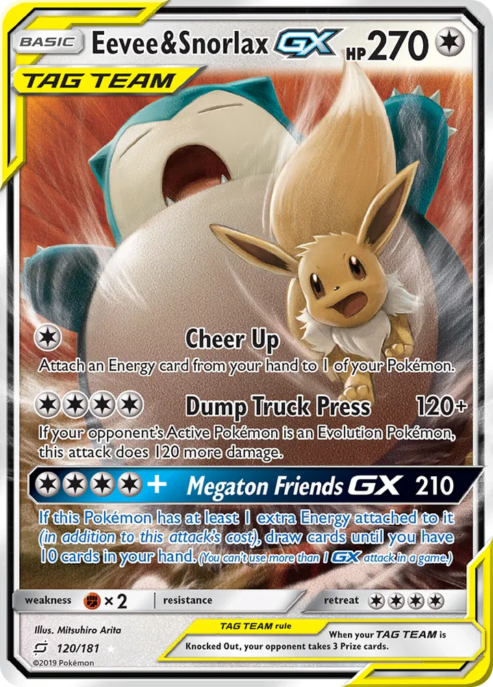 Sun & Moon—Team Up 영어판 Eevee & Snorlax-GX 120 카드 앞면