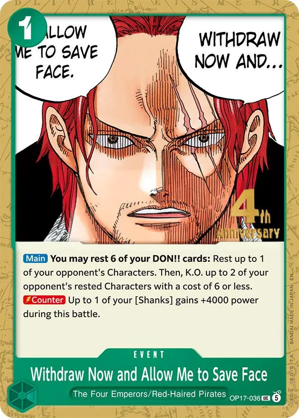 The World's Strongest Warriors 英語版 Withdraw Now and Allow Me to Save Face OP17-036 · 記念大会 カード表面