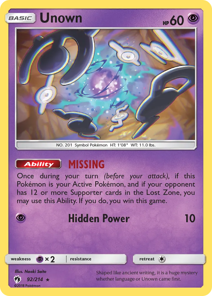 Sun & Moon—Lost Thunder 英語版 Unown 92 カード表面