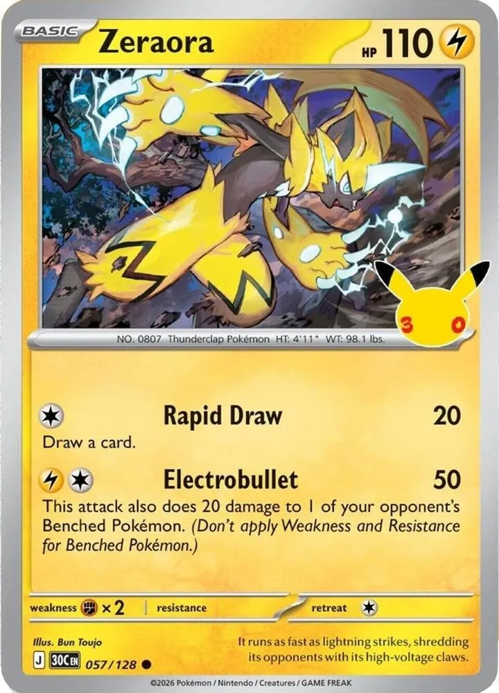 Front of Zeraora 57, Pokémon TCG: 30th Celebration English