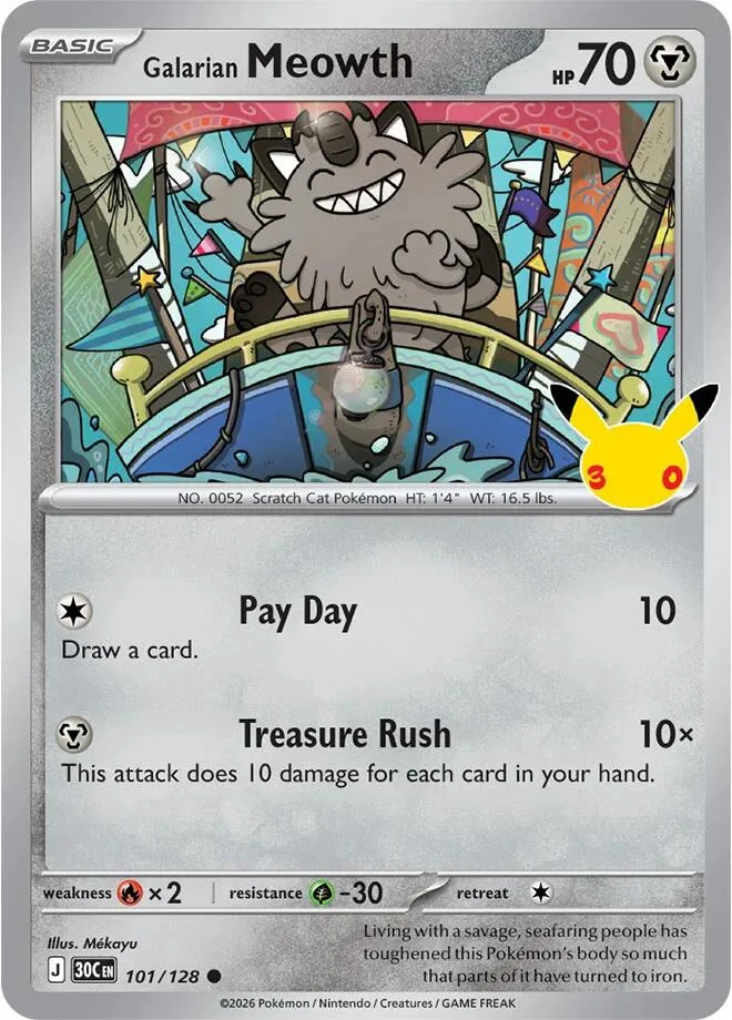 Pokémon TCG: 30th Celebration 영어판 Galarian Meowth 101 카드 앞면
