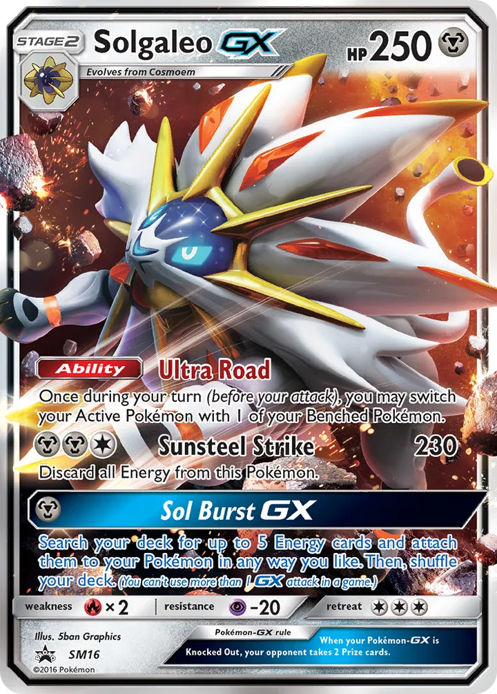 Front of Solgaleo-GX SM16, SM Black Star Promos English