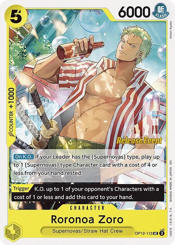 Legacy of the Master 英語版 Roronoa Zoro OP12-113 · プレリリース カード表面