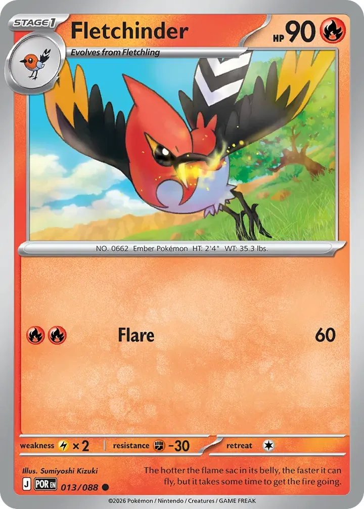 Mega Evolution—Perfect Order 영어판 Fletchinder 13 카드 앞면