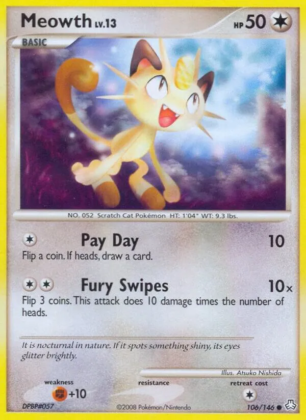 Front of Meowth 106, Diamond & Pearl—Legends Awakened English