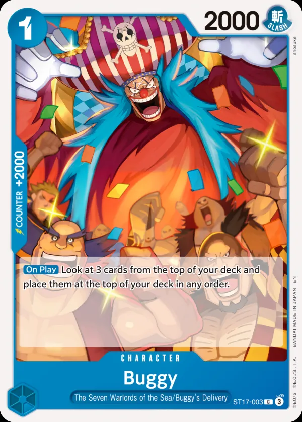 BLUE Donquixote Doflamingo 英語版 Buggy ST17-003 · 再録 カード表面