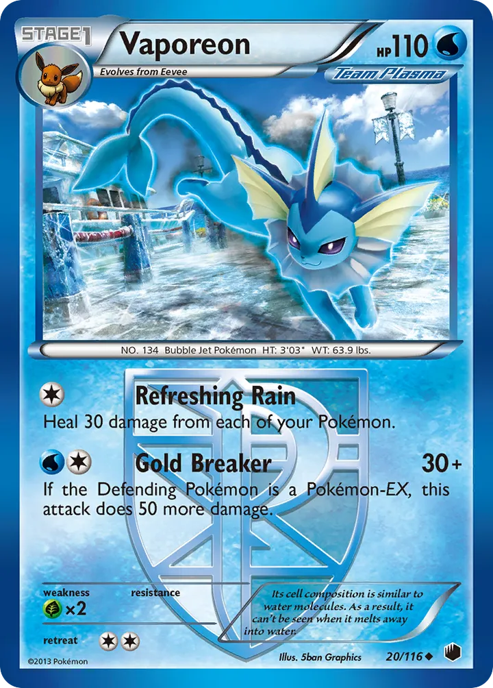 Black & White—Plasma Freeze 英語版 Vaporeon 20 カード表面