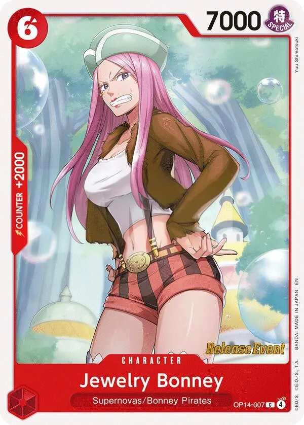 The Azure Sea's Seven 英語版 Jewelry Bonney OP14-007 · プレリリース カード表面