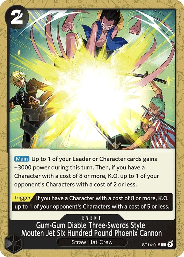 3D2Y 英語版 Gum-Gum Diable Three-Swords Style Mouten Jet Six Hundred Pound Phoenix Cannon ST14-015 カード表面