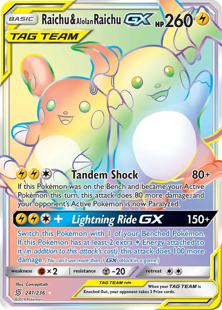 Front of Raichu & Alolan Raichu GX 241, Sun & Moon—Unified Minds English