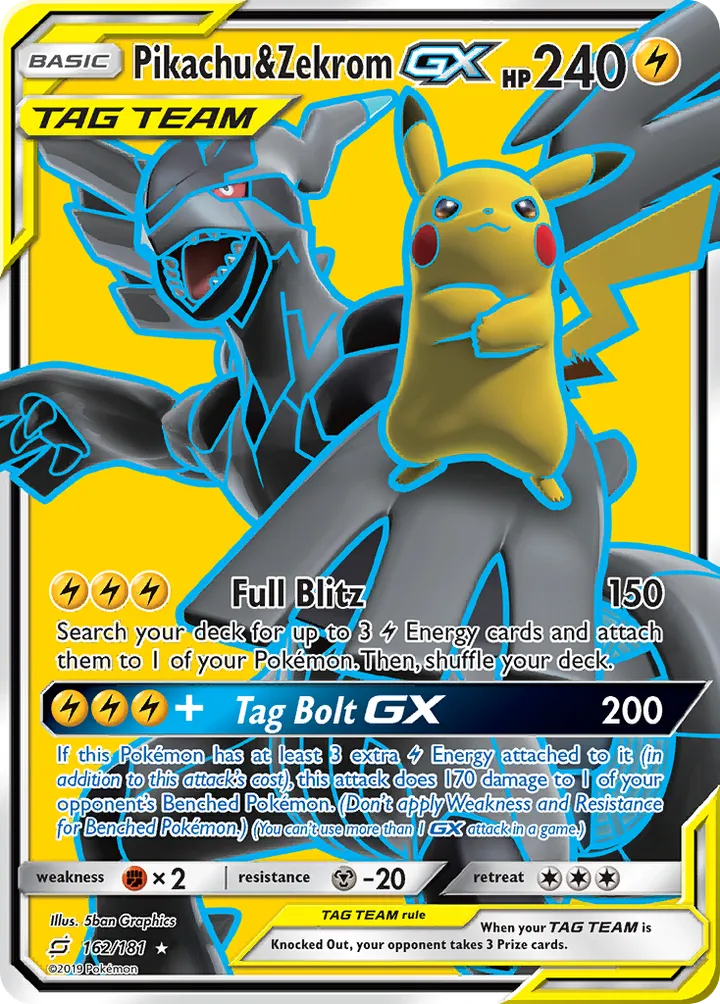 Sun & Moon—Team Up 영어판 Pikachu & Zekrom-GX 162 카드 앞면
