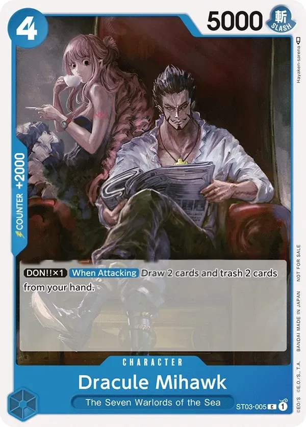 The Seven Warlords of the Sea 英語版 Dracule Mihawk ST03-005 · パラレル カード表面