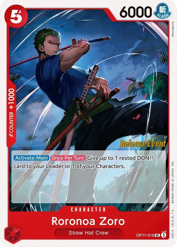 A Fist of Divine Speed 영어판 Roronoa Zoro OP11-016 · 세트 출시 행사 카드 앞면