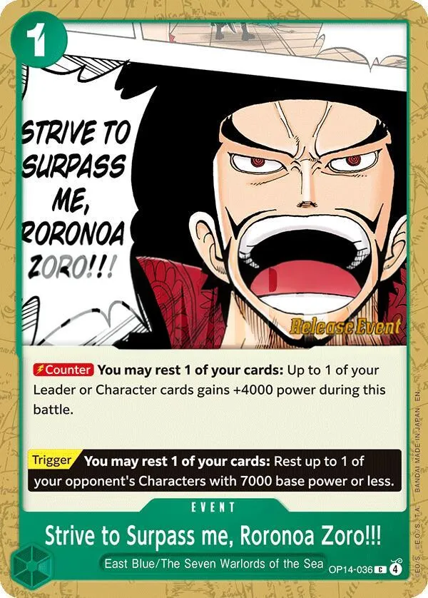 The Azure Sea's Seven 영어판 Strive to Surpass me, Roronoa Zoro!!! OP14-036 · 세트 출시 행사 카드 앞면
