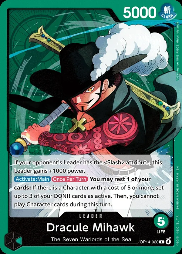 The Azure Sea's Seven 영어판 Dracule Mihawk OP14-020 카드 앞면