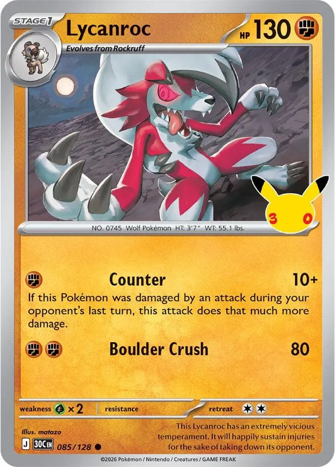 Pokémon TCG: 30th Celebration 英語版 Lycanroc 85 カード表面