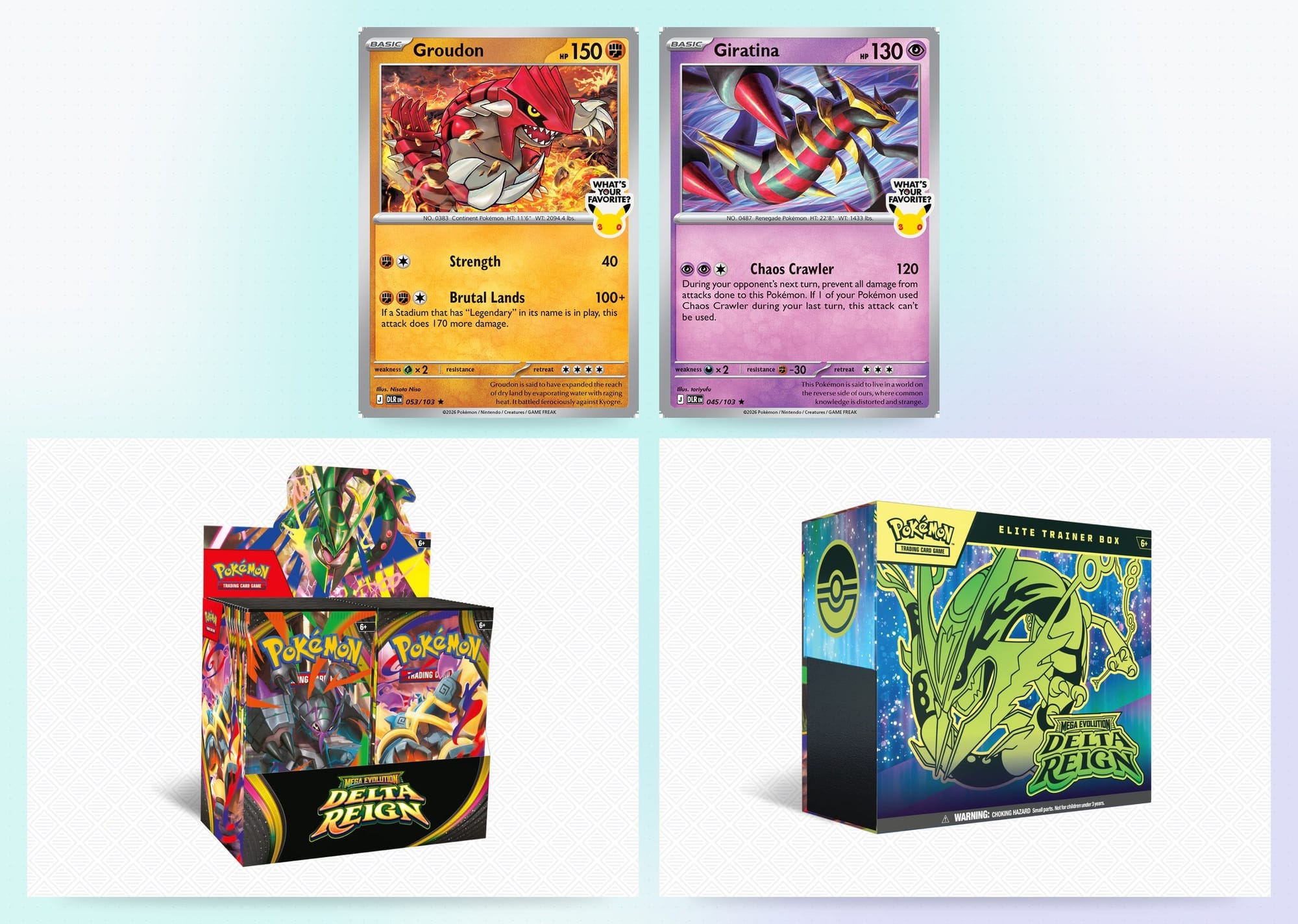 Groudon Delta Reign promo card, Giratina Delta Reign promo card, Delta Reign booster display box, Delta Reign Elite Trainer Box