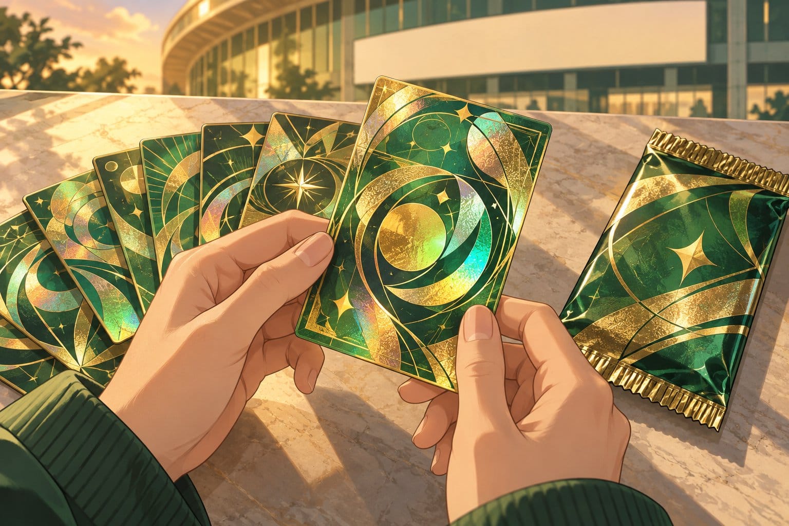Illustration of a fan of shiny green and gold holographic trading cards beside a booster pack, with hands holding one card up.