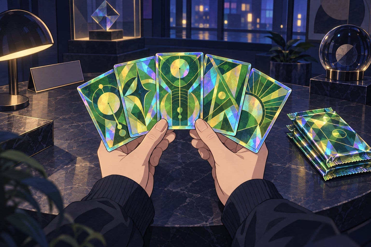 Illustration of hands holding a fan of shiny green and yellow holographic trading cards beside a stack of foil packs.