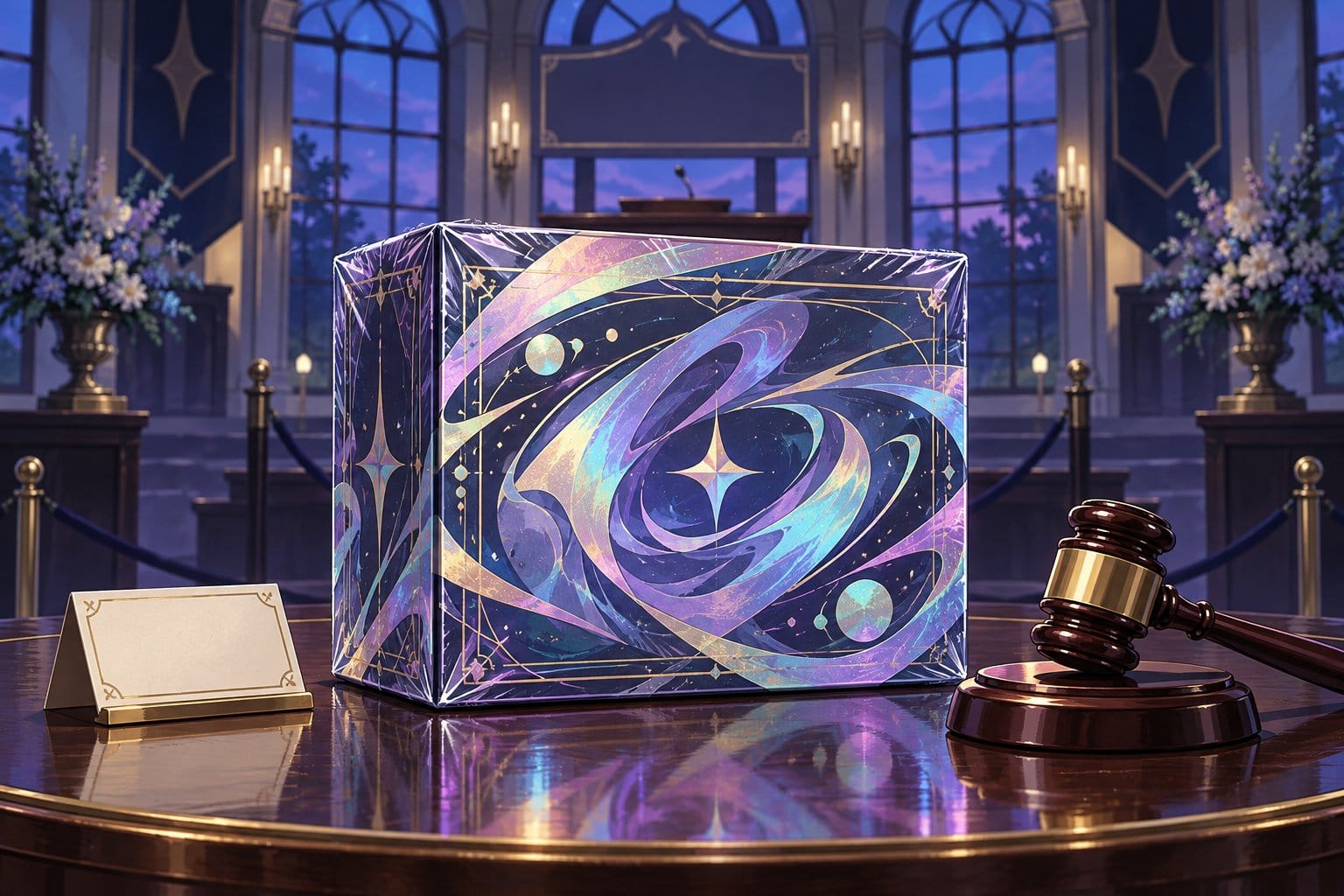 Illustration of a sealed box of holographic trading cards on an auction table next to a gavel.