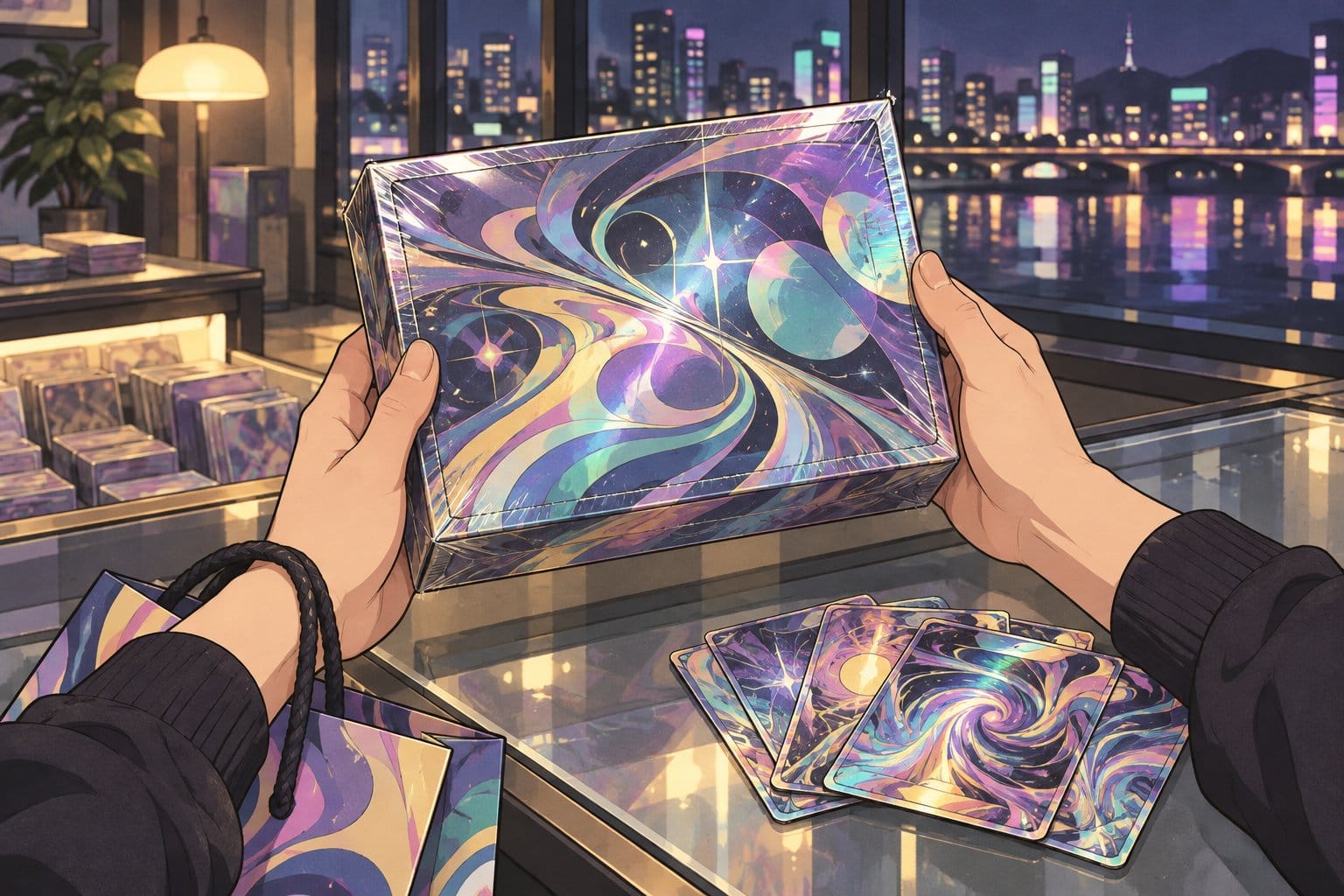 Illustration of hands holding a sealed box of holographic trading cards beside a fan of cards and a magnifying glass.
