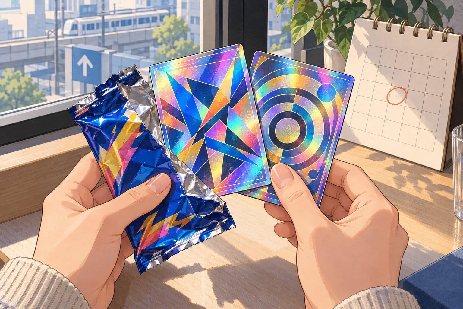Illustration of hands revealing two bright holographic cards from a foil pack beside a calendar.