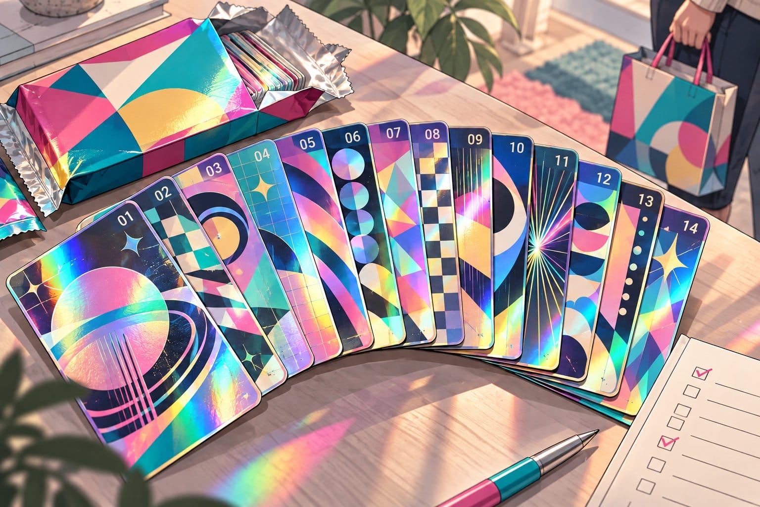 Illustration of colorful holographic cards beside bright packaging and an unfinished checklist.
