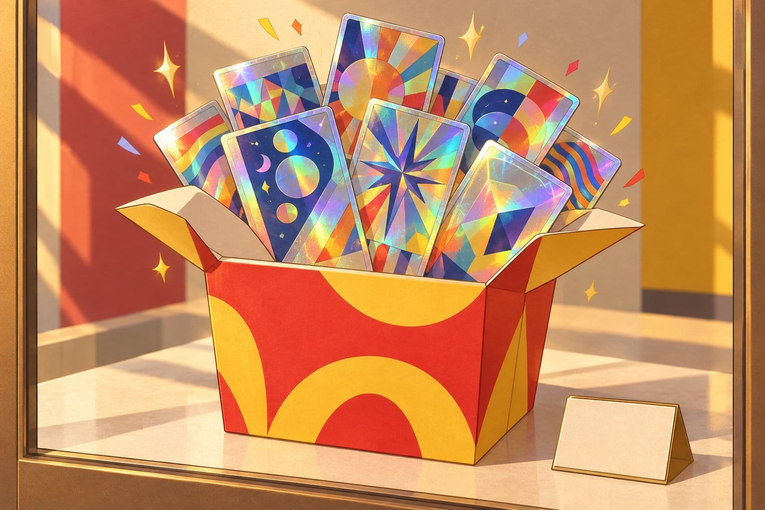 Illustration of a bright meal box with a fan of shiny holographic trading cards spilling out beside a small calendar page.