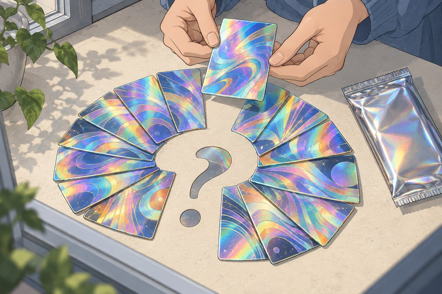 Illustration of a fan of shiny holographic trading cards beside a foil pack, with hands holding one face-down card, suggesting the card list is still a mystery.