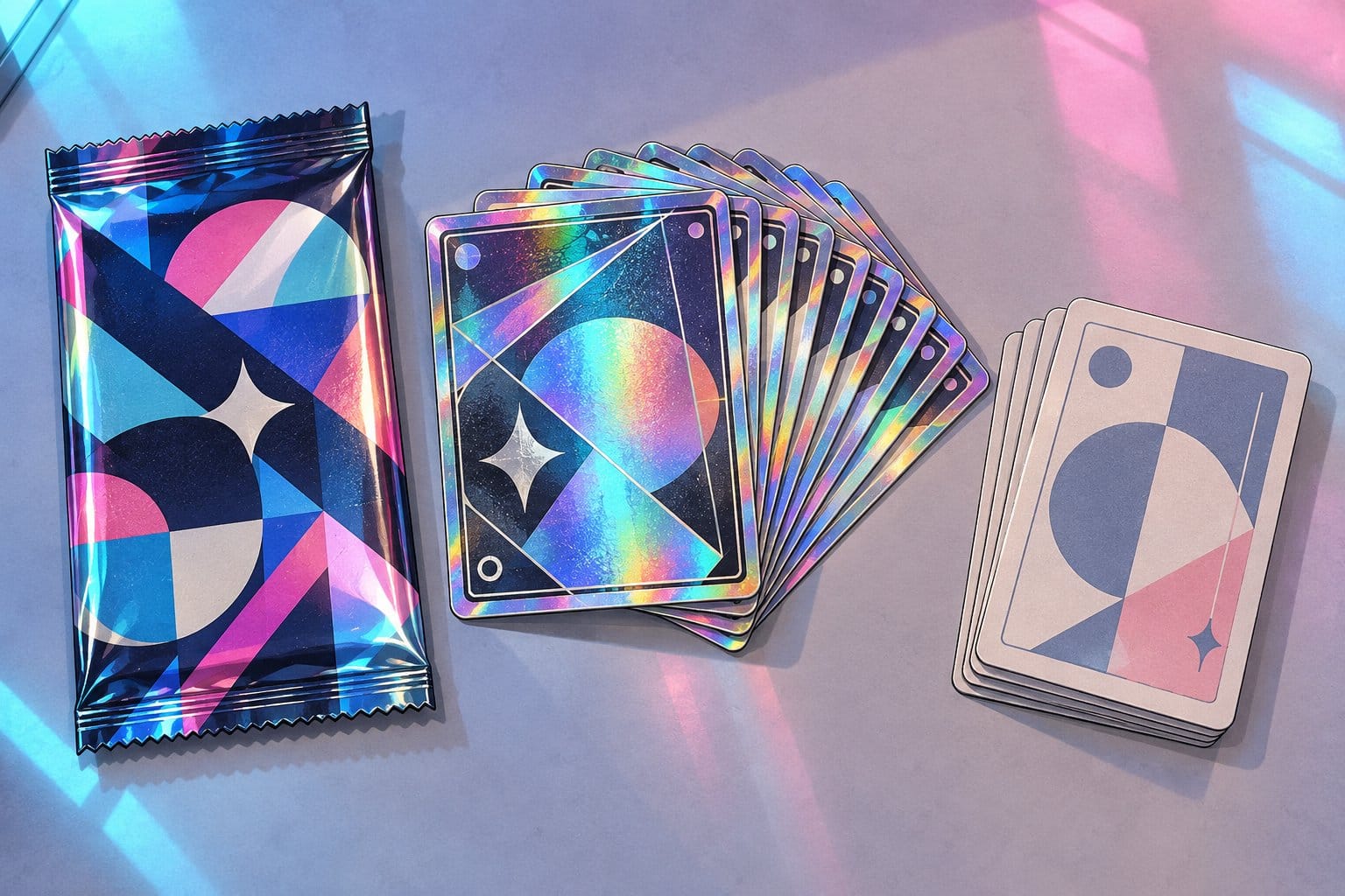Illustration of a vivid booster pack beside a fan of ten holographic cards and a smaller stack of five cards, with coins showing the price difference.