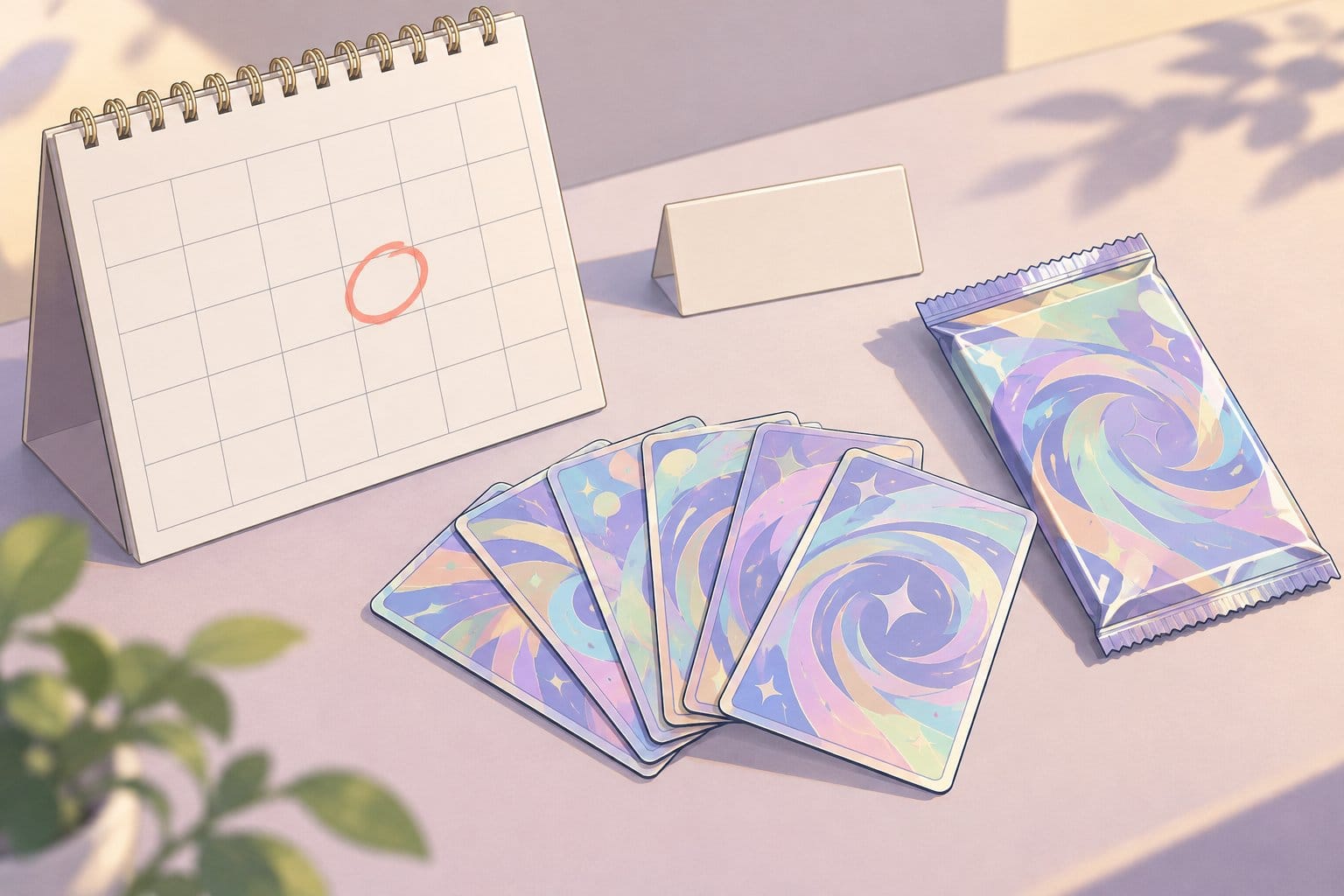 Illustration of a calendar with a circled date next to shiny holographic trading cards and a sealed foil pack.