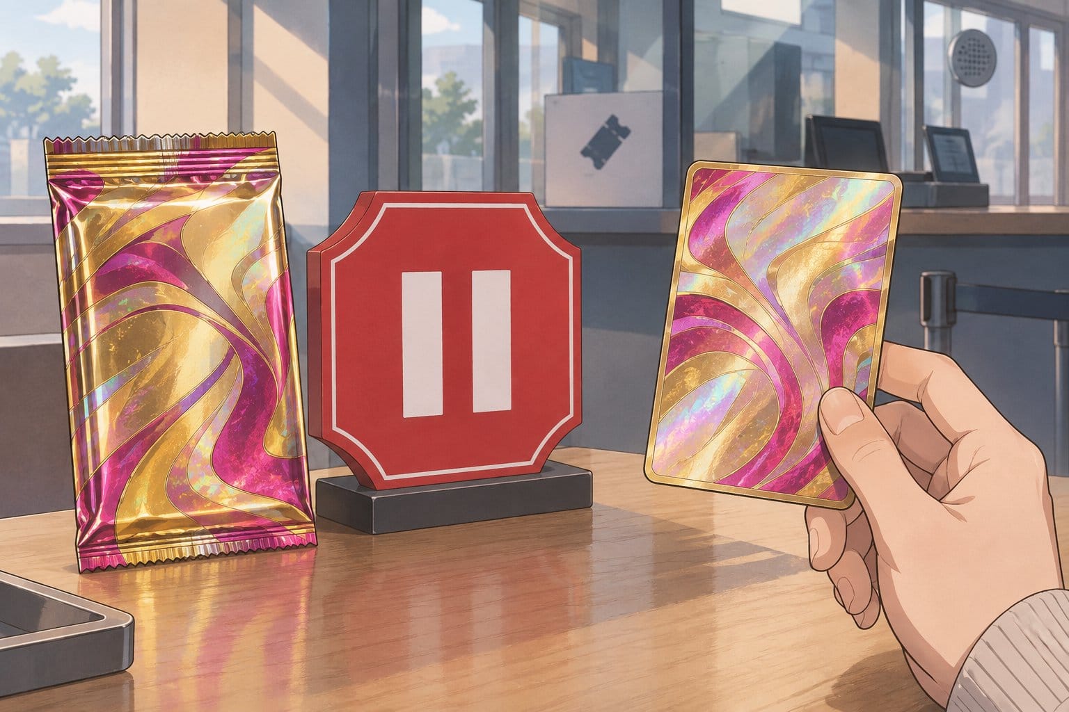 Illustration of a shiny sealed trading-card pack with a red pause sign beside it, while a hand holds up a single holographic card in front of a phone.