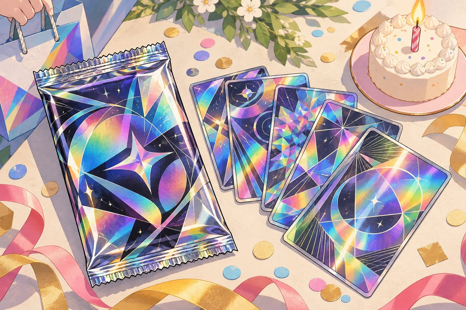 Illustration of a sealed card pack and a fan of shiny holographic trading cards beside a small anniversary cake, with a hand picking up one card.