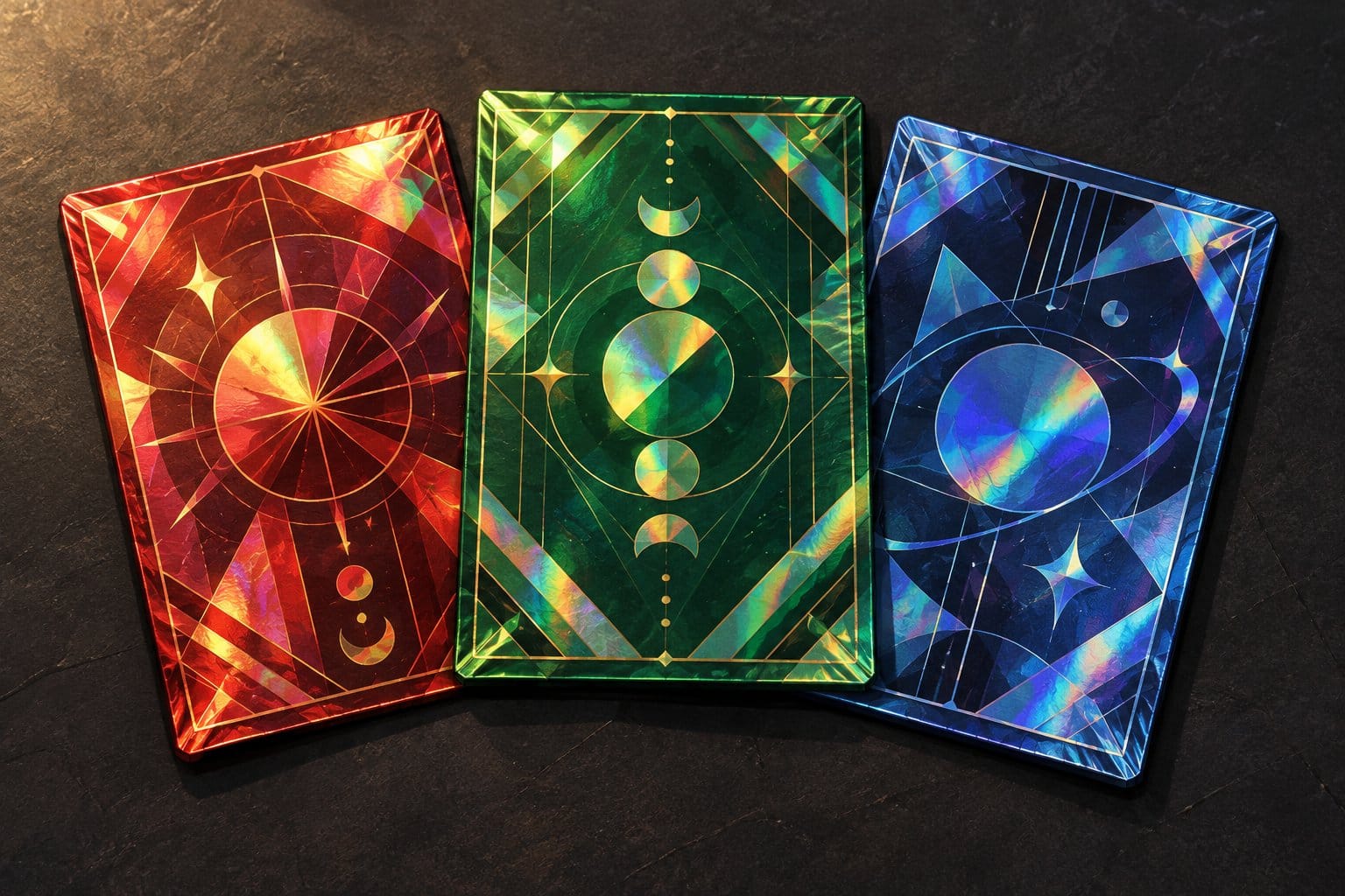 Illustration of three holographic trading cards in red, green and blue fanned out in a pair of hands.