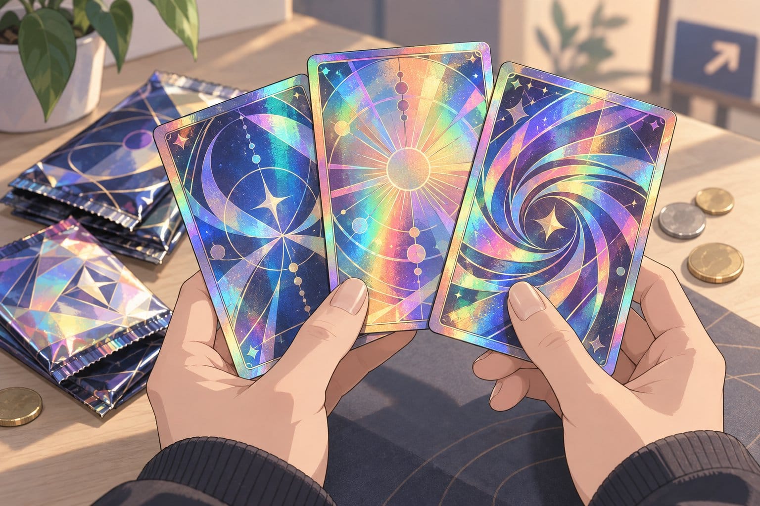 Illustration of hands holding three shiny holographic trading cards fanned out above sealed booster packs and coins on a table.