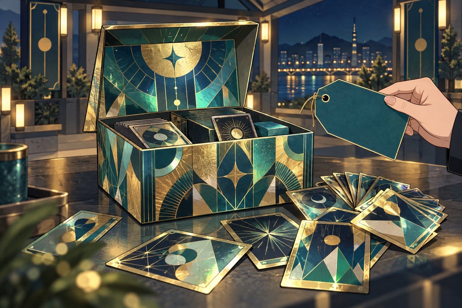 Illustration of a shiny collector's box with holographic foil cards fanned out beside it and two price tags, one much higher than the other.