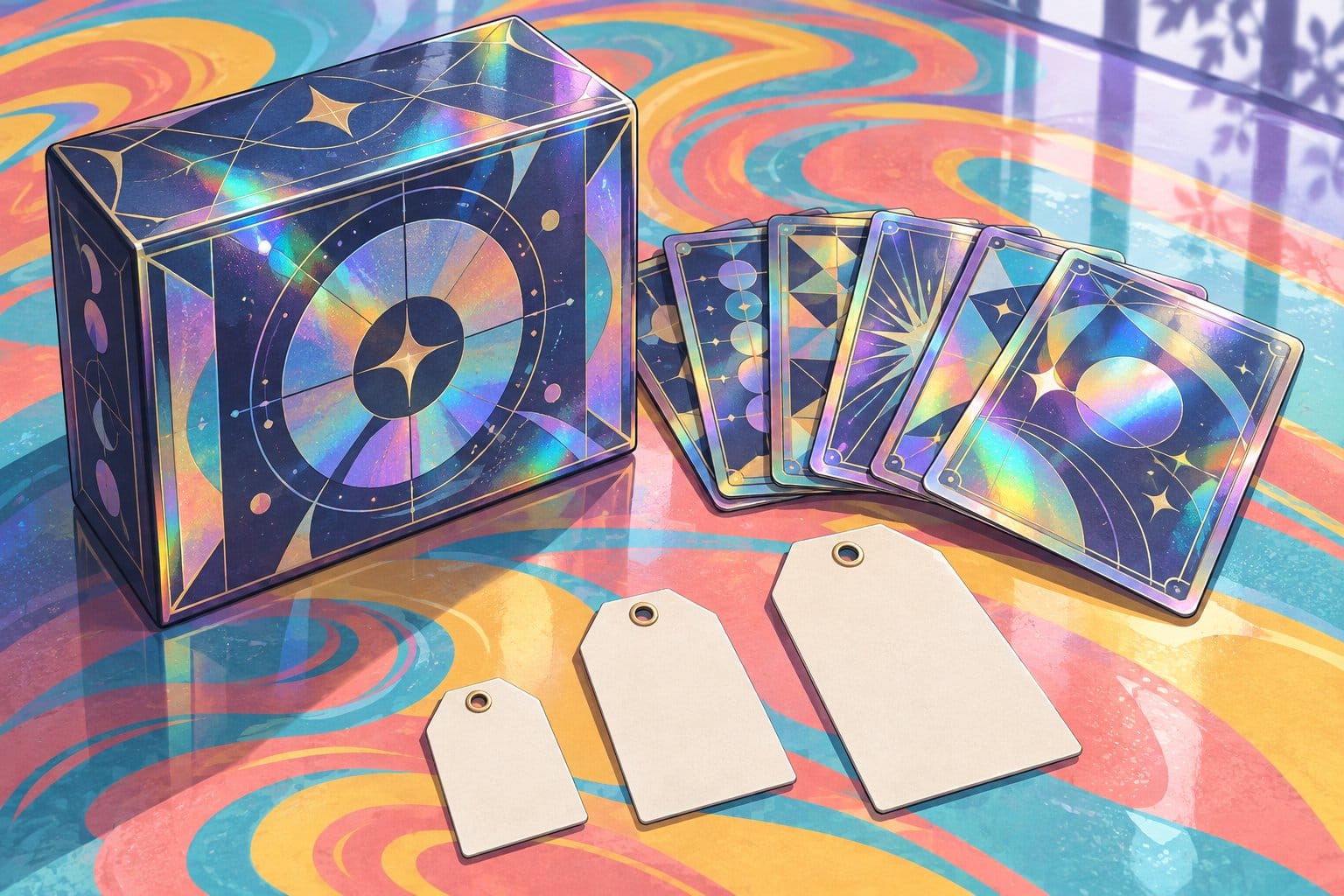 Illustration of a shiny collector box and holographic cards beside three price tags of increasing size.