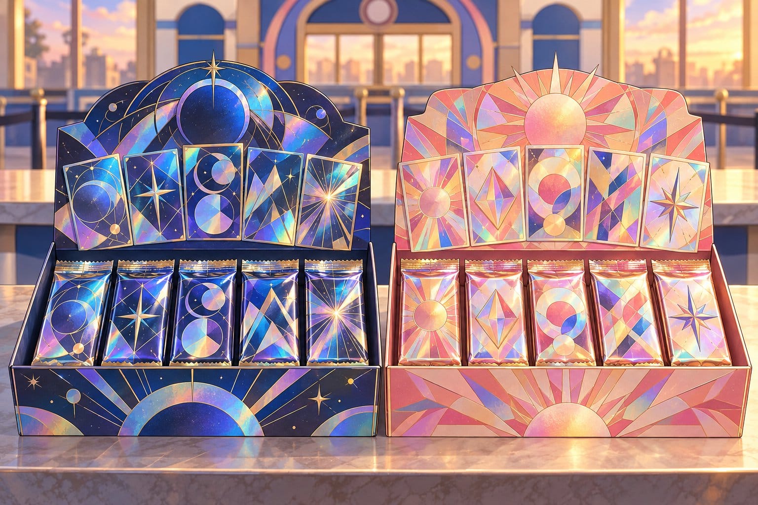 Illustration of two collection boxes with colorful holographic cards and shiny foil packs.