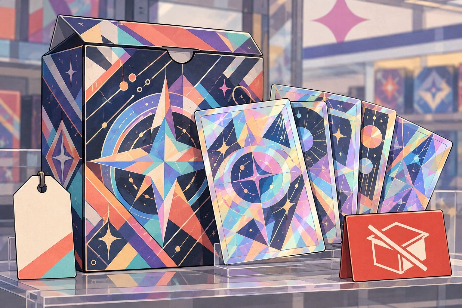 Illustration of colourful trading-card packaging and holographic cards beside a $39.99 tag and an out-of-stock label.