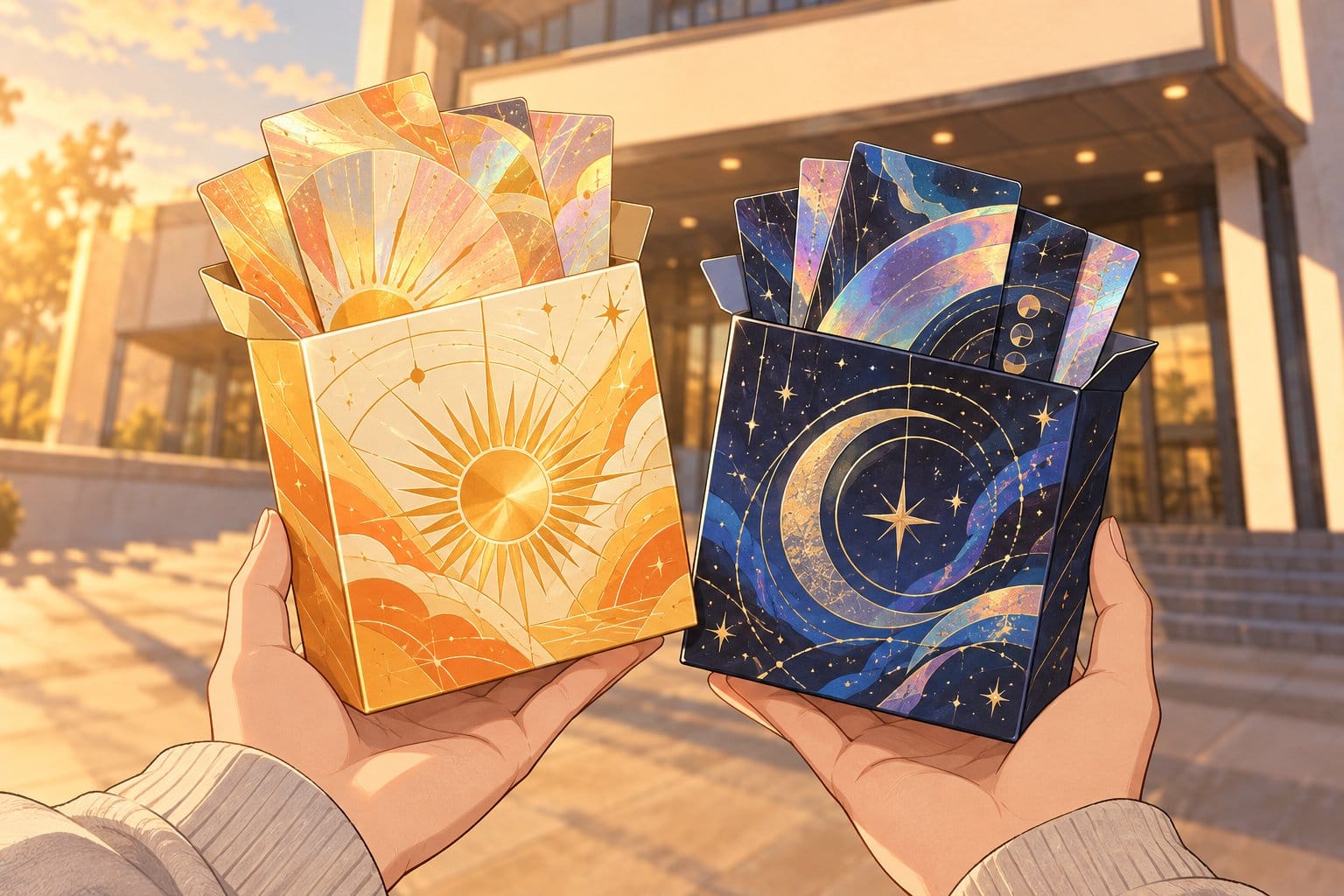 Illustration of two premium collector boxes, one gold and one deep indigo, with holographic foil cards and booster packs held in hands.